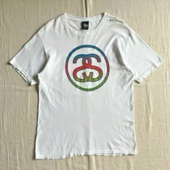 00s　archive　アーカイブ古着　旧タグ　stussy　ステューシー　グラデーションSSリンク　シャネルロゴ　ストックロゴ　両面プリント　白Tシャツ　M　Y2K　ストリート　gradation SS link × stock logo T-shirt