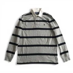 美品　90-00s　RALPH LAUREN　ラルフローレン　ラガーシャツ　ボーダー　グレー　ポロシャツ　サイズM  コットン　ポニー　刺繍　ロゴ