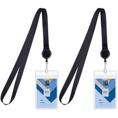 Wisdompro IDカードホルダー 首掛け 縦型 クリア ソフト リールストラップ付き パスケース 定期入れ ネームホルダー ビニール 社員証/名札ケース 両面 2個入り ブラック