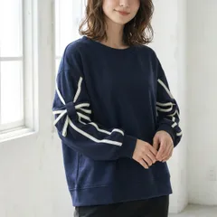 【新品/体型カバー】TRUBE リボンスリーブ デザインプルオーバー カットソー M L ネイビー｜長袖 トップス ライン ゆったり カジュアル フェミニン 大人可愛い 秋 冬 アパレル お出かけ トレンド 着回し レディース 洗える スポーティー