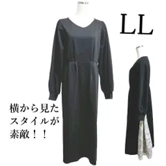 新品タグ付き　しまむら はなゆん レディース オケージョンワンピース　Ｖネック　フォーマルワンピース　Vネック　 ロングワンピース 入学式 ハレの日  長袖 ブラック 異素材切り替え LL 秋 黒 ブラック