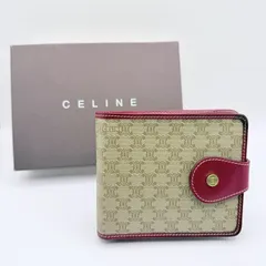 CELINE（セリーヌ）マカダム 二つ折り財布 ヴィンテージ コンパクトウォレット レザー×PVC ベージュ系×レッド ゴールドトーン金具