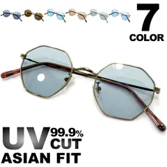 サングラス 伊達メガネ メンズ レディース UVカット 八角形 オクタゴン 多角形 ボストン ラウンド 丸メガネ 細渕 超軽量 重さ17g ライトカラーレンズ 薄い色 アジアンフィット 全7色