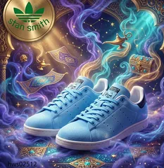 希少 完売品 美品 アディダス スタンスミス ジーニー ディズニー アラジン コラボ HP5579 23.5cm 水色 ライトブルー スエード スニーカー レディース 人気モデル 限定 通学 カジュアル 可愛い 魔法のランプ レースアップ hws02512