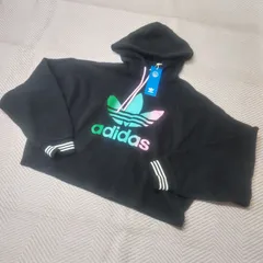 未使用　タグ付き　adidas　アディダス　トレフォイルロゴ　プリント柄　長袖　スウェット パーカー　ブラック　プルオーバー　XS-Sサイズ