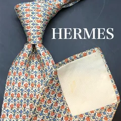 【美品】HERMES ネクタイ 総柄 ベージュ オレンジ 花 シルク100%