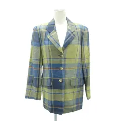 ダックス DAKS テーラードジャケット ミドル丈 シルク 麻 リネン 9AR 青 ブルー 黄 イエロー チェック柄 シングルボタン /MA2 ■ECD001