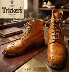 Tricker's Country Boots L5411 Anne, Size 4 1/2 (23.5cm), Acorn Antique Light Brown, Wingtip, Medallion, Made in England, High-Quality Leather Shoes, Classic Full Brogue, Lace-up, Heel Replaced, Women's, hws01732