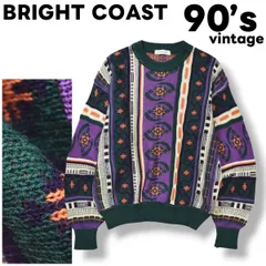 【人気】 90s ヴィンテージ BRIGHT COAST リネン 混紡 3D ニット セーター クルーネック ローゲージ 立体編み L 総柄 マルチカラー アメリカン カジュアル レトロ ストリート メンズのサムネイル