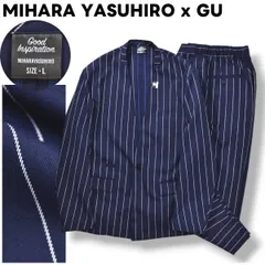 ミハラヤスヒロ MIHARA YASUHIRO x ジーユー GU ノーカラー イージー スーツ セットアップ 上下 テーラード ジャケット スラックス パンツ L／M ピンストライプ柄 ネイビー デザイナーズ メンズ