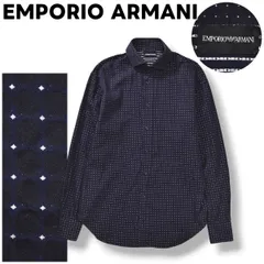 【上品】 エンポリオ アルマーニ EMPORIO ARMANI 長袖 シャツ ドゥエボットーニ カッタウェイカラー ラウンドヘム  L 総柄 ドット ネイビー ラグジュアリー デザイナーズ カジュアル ウェア メンズ