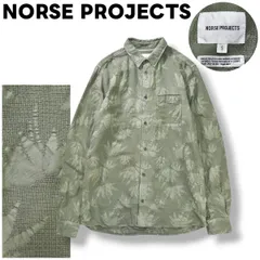 【美品】 ルーマニア製 ノースプロジェクツ NORSE PROJECTS 長袖 ジャガード コットン シャツ ラウンドヘム シングルポケット S ボタニカル柄 オリーブ ストリート カジュアル ウェア メンズのサムネイル