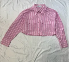 【220714】ZARA ザラ  長袖　ショート丈　ストライプ柄　クロップドシャツ　コットン100％　サイズS  ・ ピンク