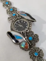 インディアン　ジュエリー　ウォッチ　シルバー925　ターコイズ　マーカサイト　電池交換済