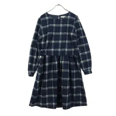 美品 earth music&ecology アースミュージックアンドエコロジー チェック柄 長袖 膝丈ワンピース M ネイビー レディース 古着