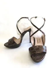 【222501】Salvatore Ferragamo サルヴァトーレフェラガモ  厚底　ヒール サンダル　クロスストラップ パイソン型押しレザー　5　1/2 ブラウン