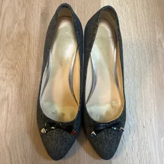 【228853】JILL STUART ジルスチュアート  杢キャンバス　リボンモチーフ　ヒール　パンプス　23.5cm  ・ 紺/金