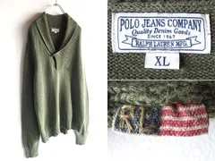 希少 00sビンテージ POLO JEANS COMPANY RALPH LAUREN ラルフローレン 星条旗ピスネーム ショールカラーニット コットンニット XL オリーブ