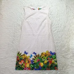 Desigual デシグアル 花柄 ノースリーブ ワンピース 44 XXL アイボリー系 大きいサイズ バタフライ フルーツ レース 下地あり お洒落 上品 春夏 カラフル 派手