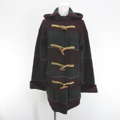 ラルフローレン RALPH LAUREN ヴィンテージ ボーダー ダッフルコート ニットコート カーディガン ミドル丈 M ボルドー系 ワインレッド ロールアップ トグルボタン ポケット 毛 ウール