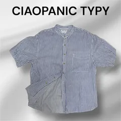 CIAOPANIC TYPY   ウォッシャブル   リネン   レーヨン   バンドカラー   半袖シャツ   ストライプ   ブルー   ホワイト   Lサイズ    麻混    チャオパニックティピー   ユニセックス