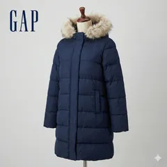 GAP ダウンコート ファー付きフード ミッド丈 ネイビー M #K023-34