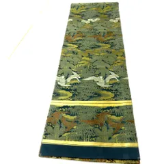 丸帯 アンティーク帯 昔 緑黒茶×金茶白 夫婦鶴 花 雲 全通 昔帯 正絹 レトロモダン 明治・大正ロマン 長さ398.5cm