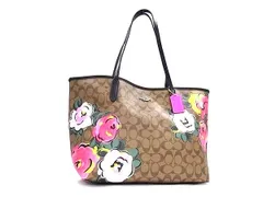 COACH コーチ トートバッグ シグネチャー C5785 ブラウン マルチカラー PVC レザー レディース フラワー 花柄 美品