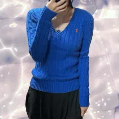 POLO RALPH LAUREN ポロラルフローレン 新モデル Vネック ケーブル編み ニット コバルト ブルー XS