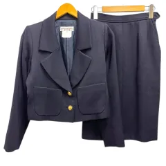 イヴサンローラン YVES SAINT LAURENT セットアップ ジャケット スカート ウール 長袖 膝丈 無地 34/36 紺 ネイビーのサムネイル