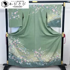 訪問着 友禅 美しい花模様 松葉 金彩 暈し 灰緑色 K-3998