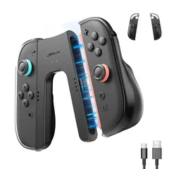 JSAUX Switch 2用充電グリップ＋JoyPad 2保護ケース2個セット｜V字型コントローラーグリップ・プレイしながら充電・人間工学デザイン・充電式コントローラーホルダー・マグネット式固定・USB Cケーブル付・Switch 2アクセサリ 0