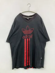 adidas アディダス Tシャツ/カットソー L ブラック 前面プリント バックプリント ブランドロゴ ミドル丈 半袖 Vネック