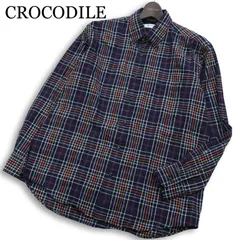 CROCODILE クロコダイル ワニ刺繍★ 長袖 ボタンダウン チェック ネル シャツ Sz.L メンズ 紺 ネイビー