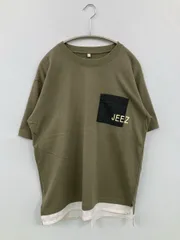 Tシャツ/カットソー L カーキ 無地 ワンポイント ミドル丈 半袖 クルーネック(丸首)