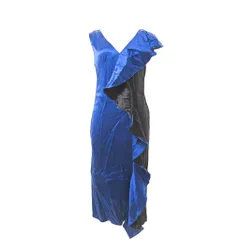 ダイアンフォンファステンバーグ DIANE von FURSTENBERG サテン アシンメトリー ワンピース ドレス 膝丈 ノースリーブ フリル 0 青 黒 0808 IBO78