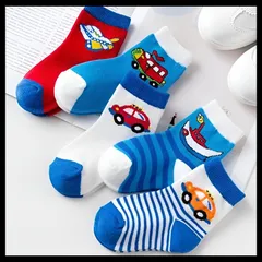 キッズ 靴下 のりもの 子供 ソックス 男の子 ボーダー 車 青 5足セット