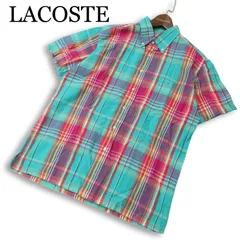 LACOSTE ラコステ 春夏 麻 リネン混★ ワニ刺繍 チェック 半袖 ボタンダウン シャツ Sz.4 メンズ