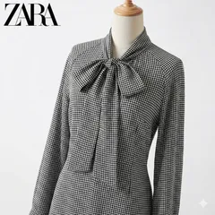 ZARA ハウンドトゥース柄 シャツワンピース リボンネック M モロッコ製 #K023-42