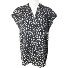 ピエールカルダン Pierre Cardin 美品 プルオーバー ブラウス フレンチスリーブ レオパード柄 総柄 Vネック 40 L相当 黒 白 X