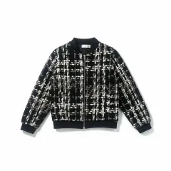 新品／2XL／66 77 ブラック＆ホワイト CHECK ツイード ブルゾン ジャケット ブラック