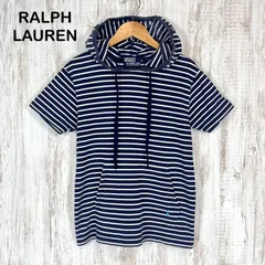 Polo by Ralph Lauren ポロバイラルフローレン ホースロゴ刺繍 ボーダー 総柄 フーディー 半袖 パーカー ネイビー レディース トップス