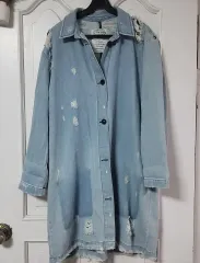 ザラ ダメージ デニム ロング コート ジャケット ライトブルー レディース 77 88 新品