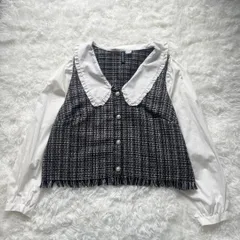 【美品】H&M 異素材MIX ビッグカラー フリルブラウス ツイード L 黒