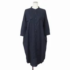 スタディオクリップ Studio Clip ワンピース シャツワンピ ロング ノーカラー 七分袖 綿 コットン 紺 ネイビー