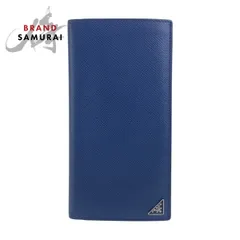 美品 PRADA プラダ サフィアーノ 三角ロゴプレート ネイビー シルバー金具 レザー 長財布 ロングウォレット メンズ 505228【中古】