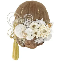 Bud Flower バドフラワー つまみ細工 髪飾り 成人式 卒業式 ドライフラワー 水引 金箔 和装 振袖 袴 ヘッドドレス 結婚式 七五三　hair-212 (ホワイト) 0