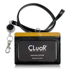 新品 (シールアル) リール付きIDカードホルダー ID カードケース 本革 革 レザー ネックストラップ フィルム取替可 横型 社員証 ケース (09.ブラック×マスタード イエロー)