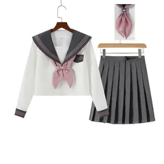 新品 [山水集] セーラー服 ピンク 黒 紺色 コスプレ 仮装 女子高生 高校生 学生服 ミニスカート 大きいサイズ 本格制服 学院風 刺繍 グレー 入学式 三本 (XL ピンク 三本 長袖)のサムネイル