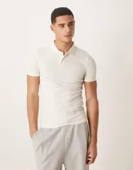 エイソス メンズ トップス ポロシャツ リブニット ASOS DESIGN Essentials muscle fit polo shirt in cream rib knit Coconut milk クリーム